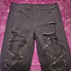 American Eagle Jeans Women's Sz 14 High Rise Black Distressed Next Level Stretch
